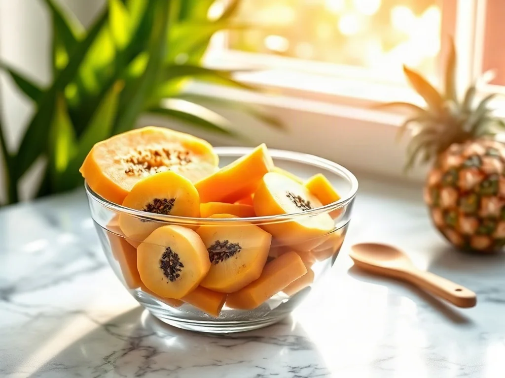 Świeże kawałki papai i ananasa w szklanej misce, podkreślające naturalne składniki aktywne peelingów enzymatycznych.
