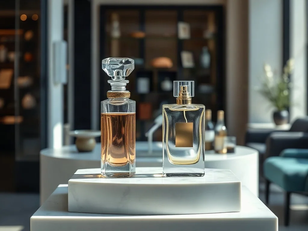 Dwa eleganckie flakony perfum na marmurowym postumencie, prezentujące różnice w designie opakowań produktów luksusowych i zamienników.