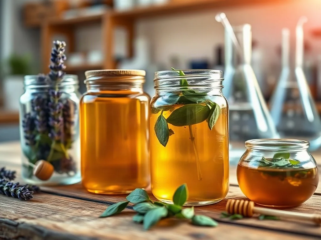 Szklane słoiki z naturalnymi składnikami na drewnianym stole, zestawione z laboratoryjnym tłem, symbolizujące jakość kosmetyków.