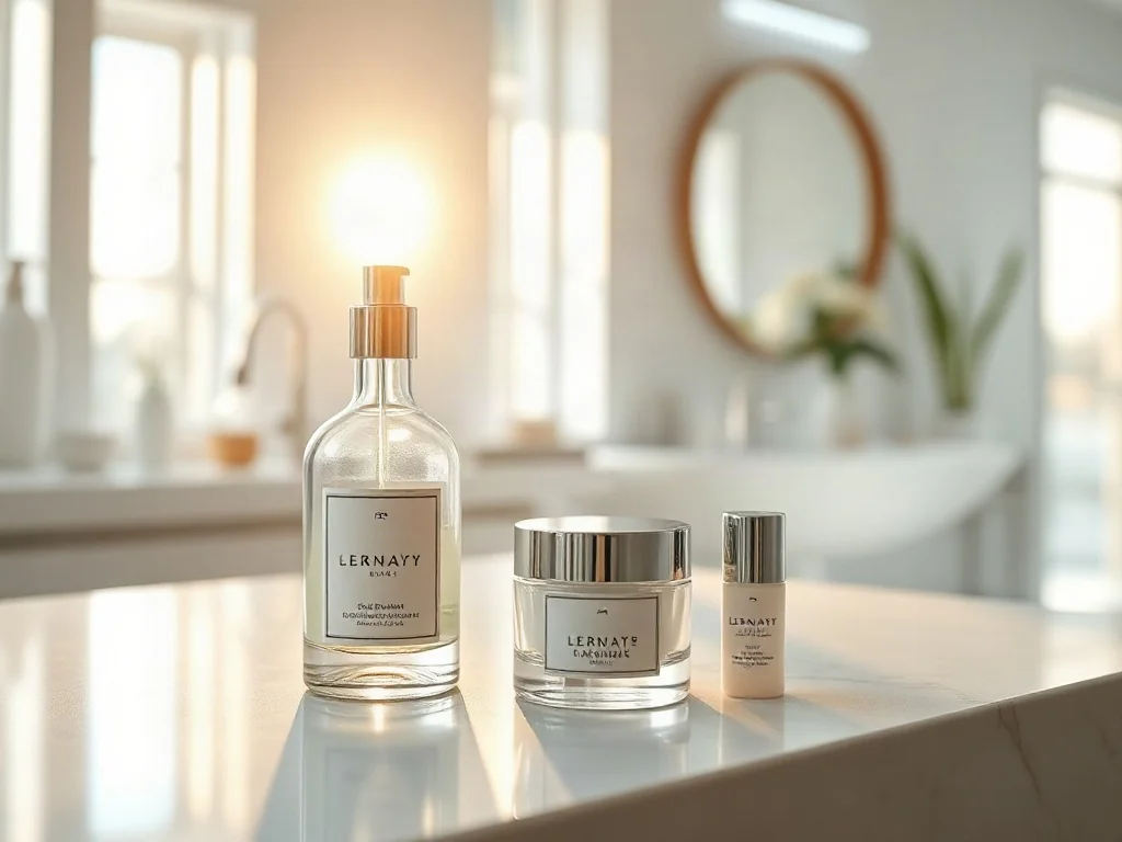 Eleganckie kosmetyki premium na marmurowym blacie w jasnej łazience, podkreślające wysoką jakość produktów pielęgnacyjnych.