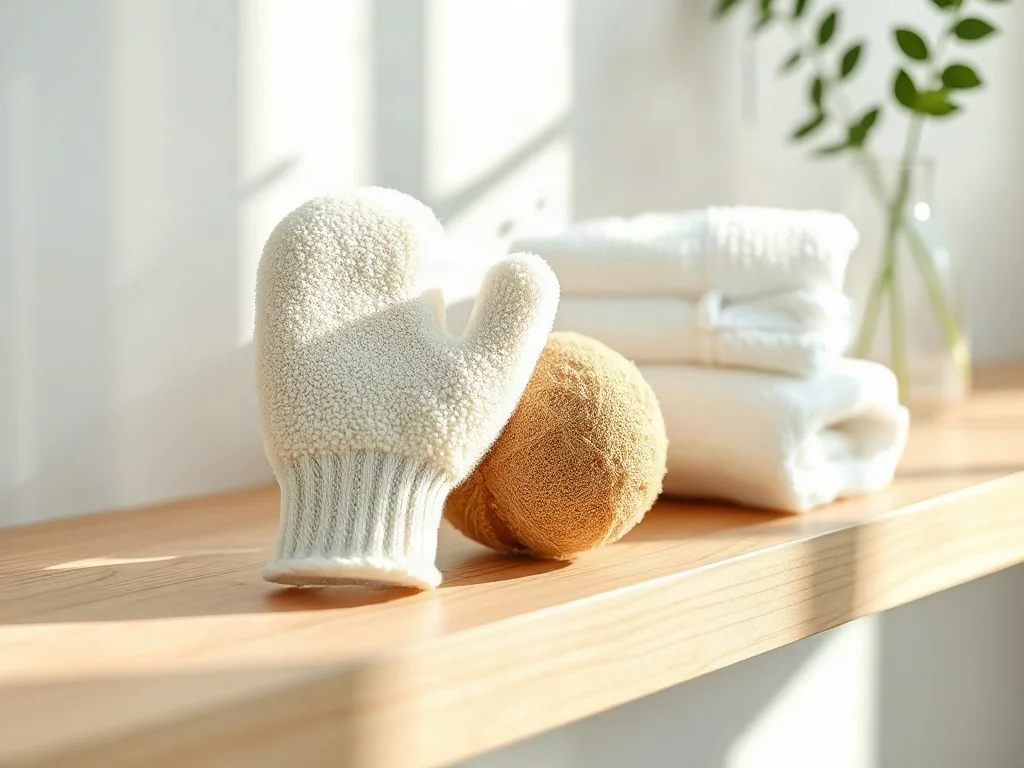 Rękawica do peelingu i naturalna myjka sizalowa na drewnianej półce w łazience w stylu spa.