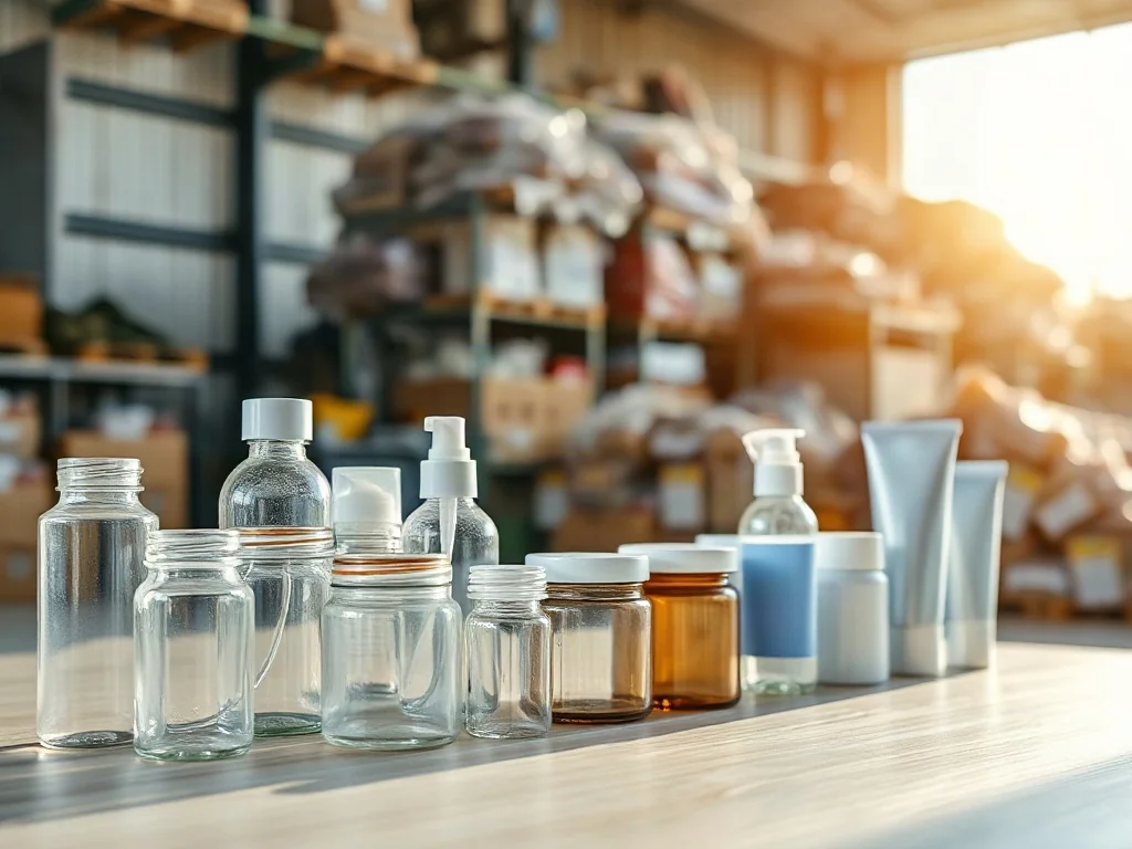 Puste opakowania kosmetyczne ze szkła, plastiku i aluminium przygotowane do recyklingu na drewnianym blacie.