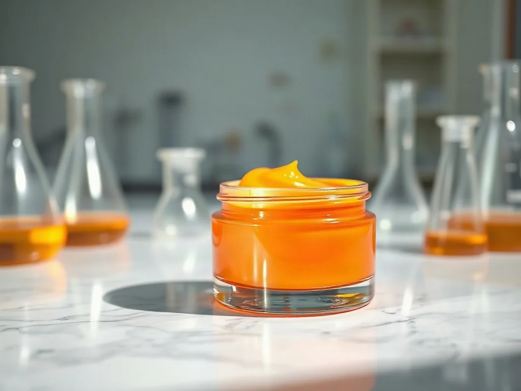 Słoiczek z pomarańczowym kremem na marmurowym blacie, ukazujący proces utleniania produktu w warunkach laboratoryjnych.