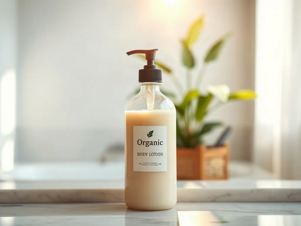Szklana butelka organicznego balsamu do ciała na marmurowym blacie w słonecznej łazience o klimacie spa.