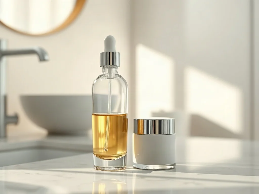 Eleganckie opakowania serum i kremu na marmurowym blacie, ilustrujące etapy codziennej pielęgnacji cery.