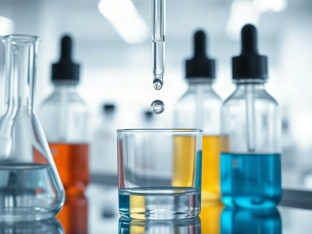 Profesjonalne laboratorium kosmetyczne z probówkami i kroplomierzem, w którym kropla serum wpada do naczynia.
