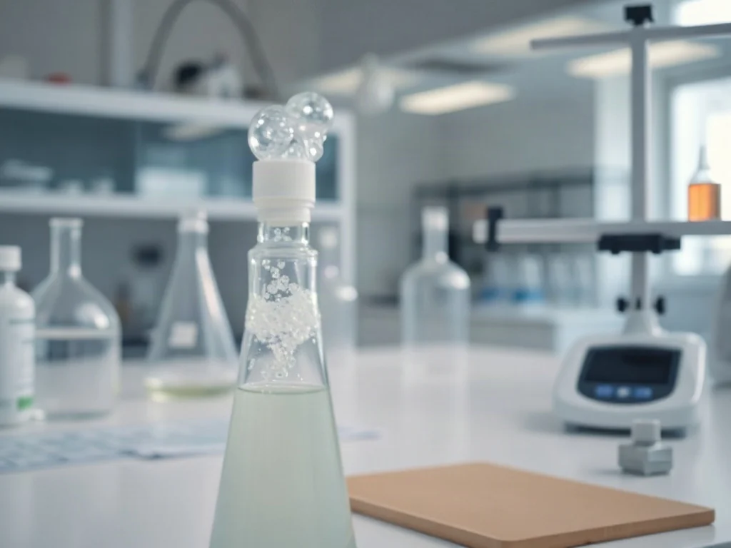 Zbliżenie na wirującą emulsję chemiczną w zlewce laboratoryjnej, obrazujące proces mieszania składników kosmetycznych.