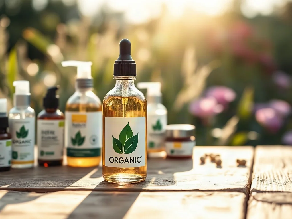 Zestaw naturalnych kosmetyków wegańskich na drewnianym stole w otoczeniu roślin, podkreślający ekologiczny charakter produktów.