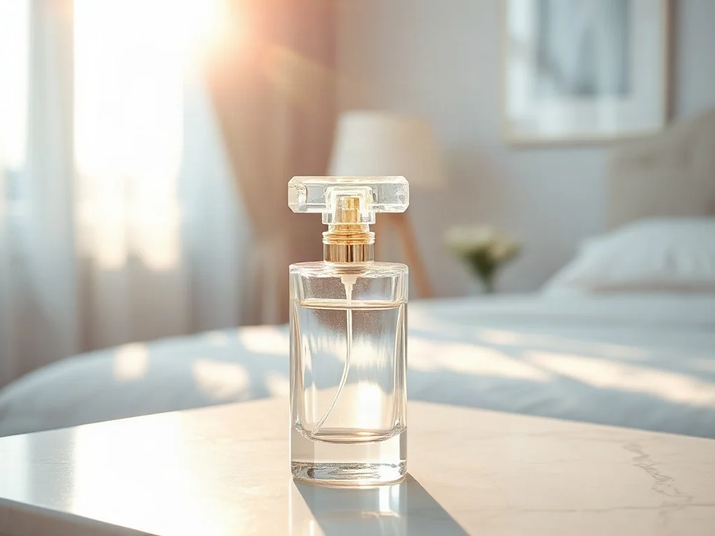 Elegancki flakon perfum na marmurowym blacie w promieniach porannego słońca.