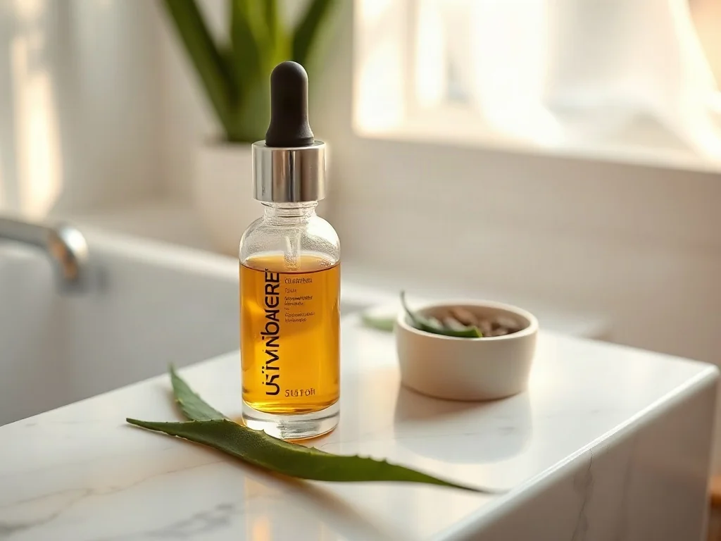 Złote serum w szklanej butelce z pipetą, liście aloesu i naturalne ekstrakty na marmurowym blacie w minimalistycznym stylu.