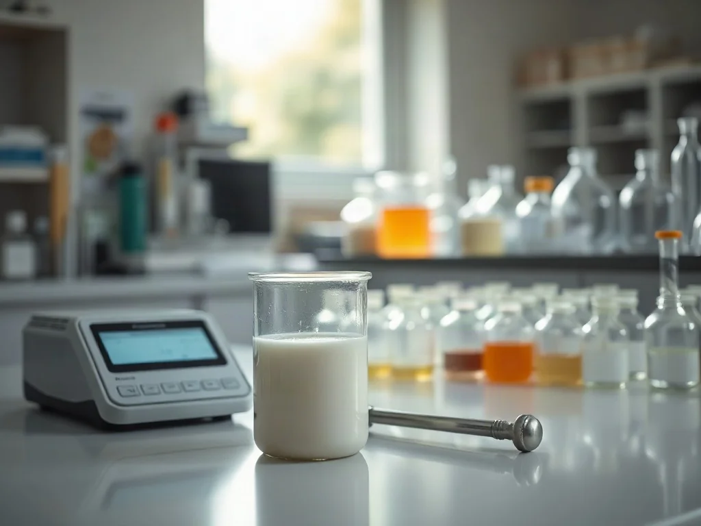 Profesjonalne stanowisko laboratoryjne z białą emulsją w zlewce, wagą i przyborami do tworzenia kosmetyków.