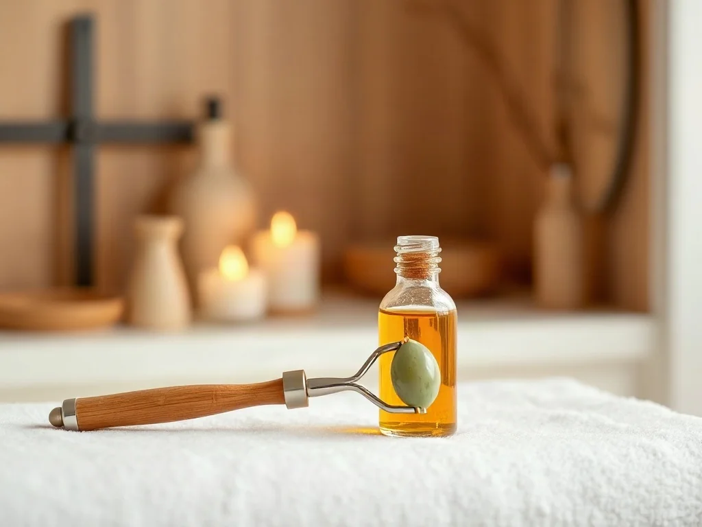 Jadeitowy roller i olejek do twarzy na białym ręczniku w relaksującym wnętrzu spa, przygotowane do masażu modelującego.