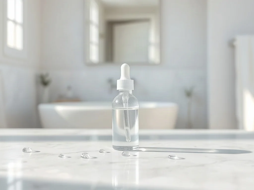 Szklana buteleczka z serum na marmurowym blacie z kroplami wody, podkreślająca nawilżenie skóry.