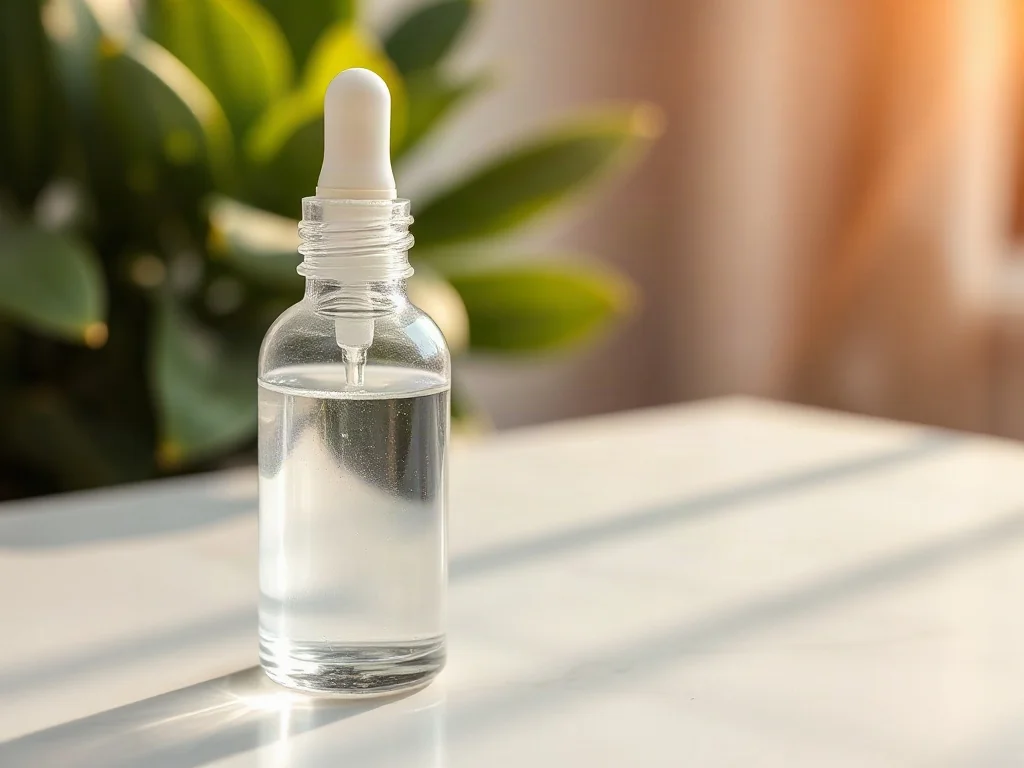 Szklana buteleczka z serum nawilżającym na marmurowym blacie w otoczeniu roślin, podkreślająca naturalne składniki kosmetyku.
