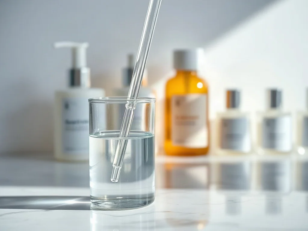 Szklana zlewka z serum i pipeta na marmurowym blacie w profesjonalnym laboratorium kosmetycznym.