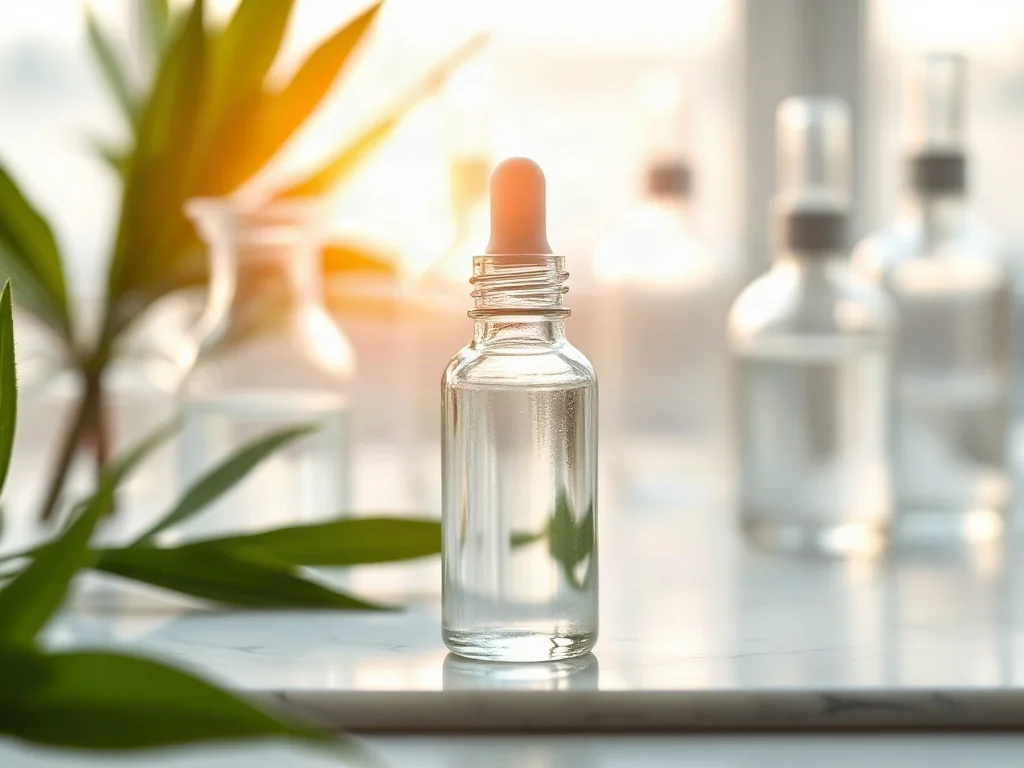 Szklana fiolka z przezroczystym serum kosmetycznym na marmurowym blacie w otoczeniu laboratoryjnego szkła i roślin.