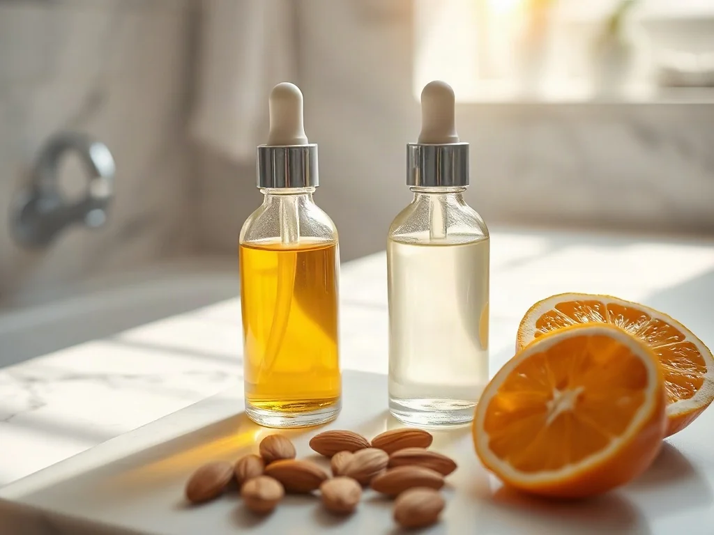Dwie buteleczki z serum – z witaminą C i E – otoczone pomarańczami oraz migdałami na marmurowym blacie.