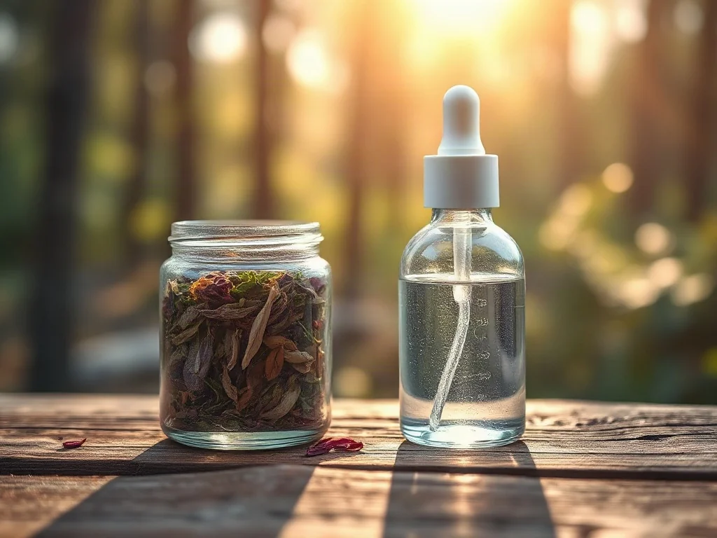 Dwa szklane słoiczki z kosmetykami: naturalnym z ziołami oraz syntetycznym serum, zestawione na drewnianym stole.