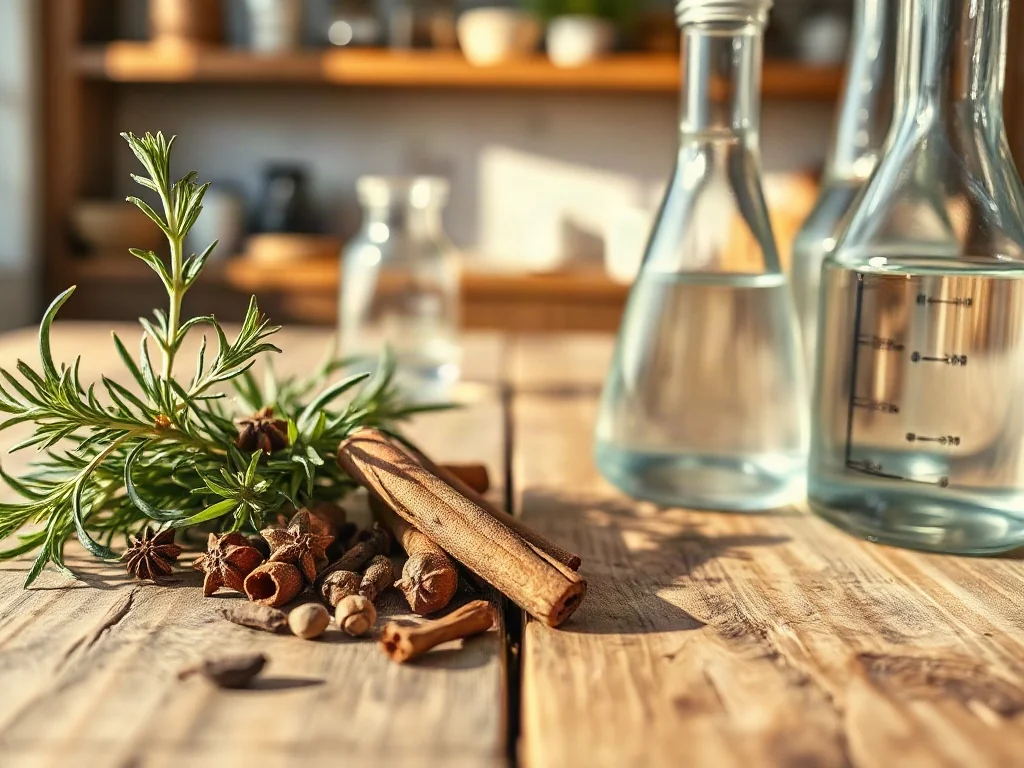 Porównanie naturalnych składników, takich jak zioła i przyprawy, z laboratoryjnymi odczynnikami chemicznymi na drewnianym stole.