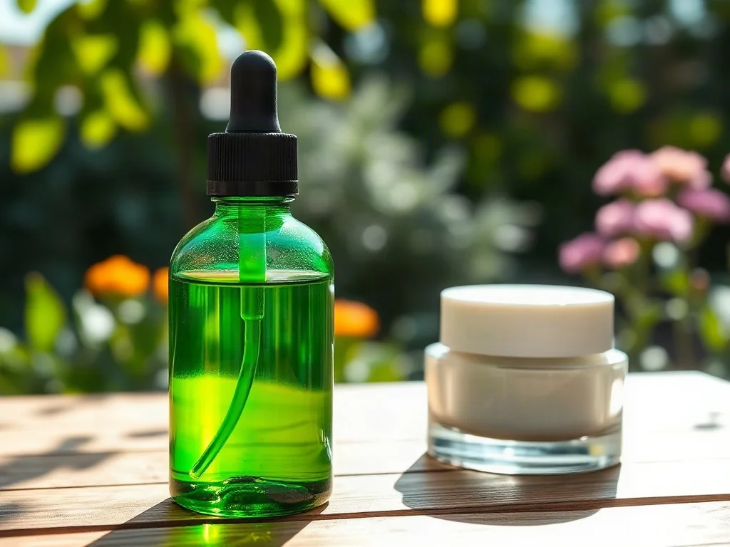 Dwie szklane butelki z naturalnym serum i kremem na drewnianym stole, podkreślające ekologiczny charakter kosmetyków.