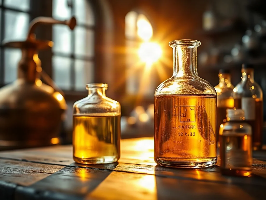 Złota esencja perfum w szklanej zlewce na tle miedzianej aparatury destylacyjnej w pracowni perfumiarza.