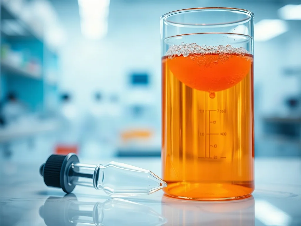 Szklana zlewka z musującym pomarańczowym płynem i pipetą na laboratoryjnym blacie, ilustrująca badanie właściwości witaminy C.