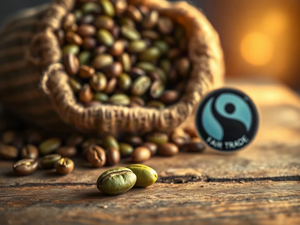 Pojedyncze ziarno kawy obok pieczęci certyfikatu Fair Trade na drewnianym stole, symbolizujące etyczną produkcję kawy.
