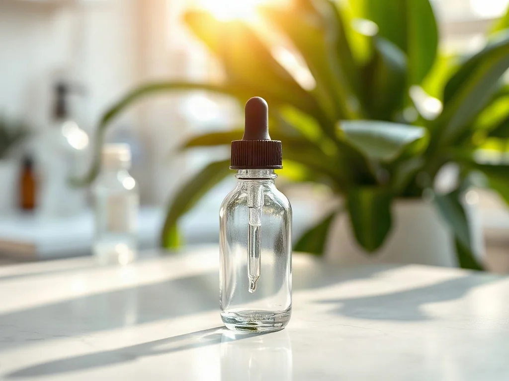 Szklana buteleczka z serum na marmurowym blacie w otoczeniu roślin, podkreślająca profesjonalny i naturalny skład kosmetyku.