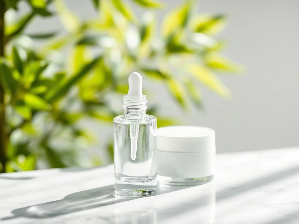 Eleganckie szklane opakowania serum i kremu na marmurowym blacie, podkreślające profesjonalną pielęgnację cery naczynkowej.