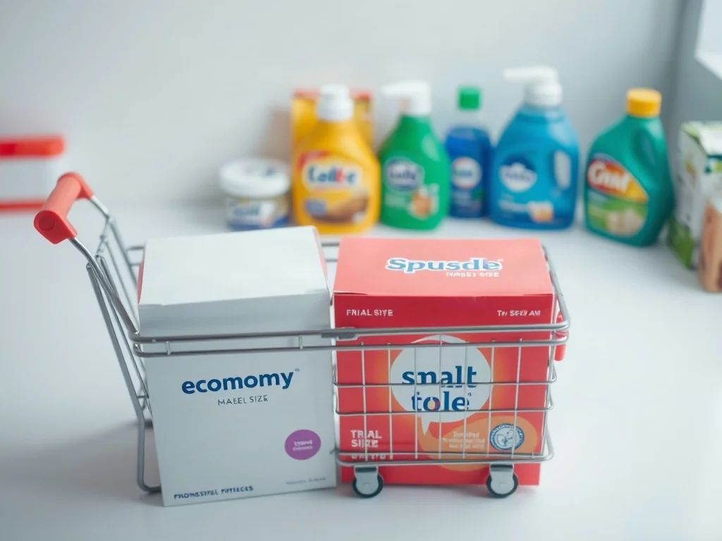 Wózek sklepowy wypełniony produktami w różnych rozmiarach, obrazujący porównanie opłacalności zakupów dużych i małych opakowań.