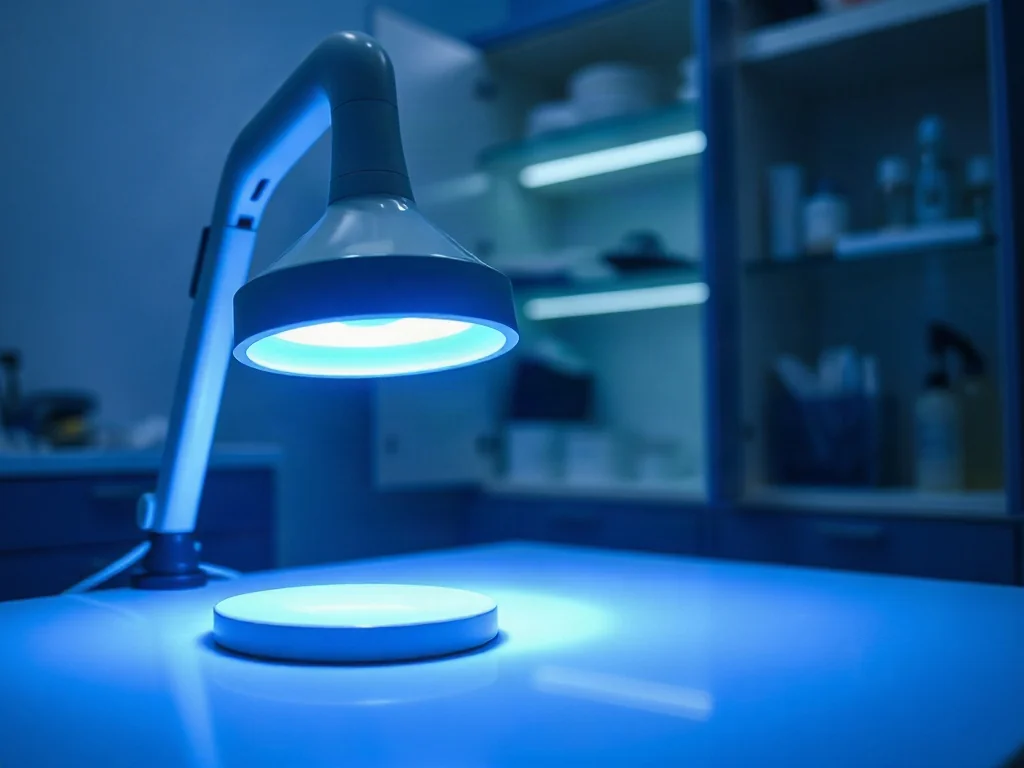 Lampa Wooda emitująca fioletowo-niebieskie światło UV w profesjonalnym gabinecie dermatologicznym.