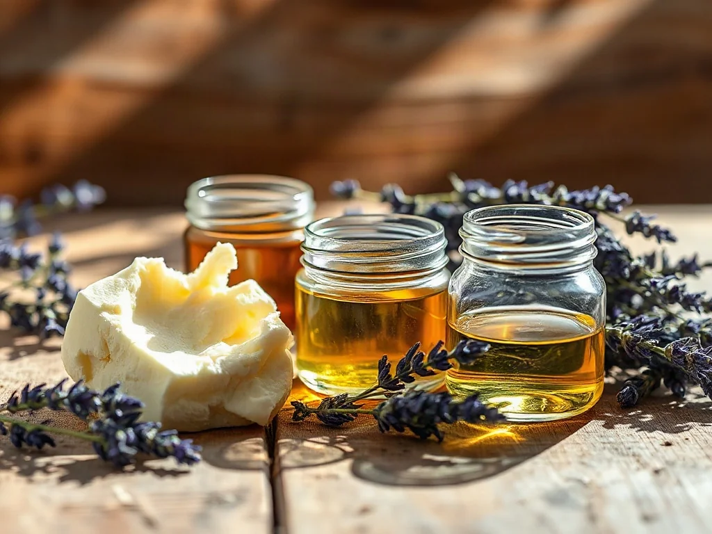 Szklane słoiki z masłem shea, suszoną lawendą i olejkiem jojoba na drewnianym stole, prezentujące naturalne składniki kosmetyków.