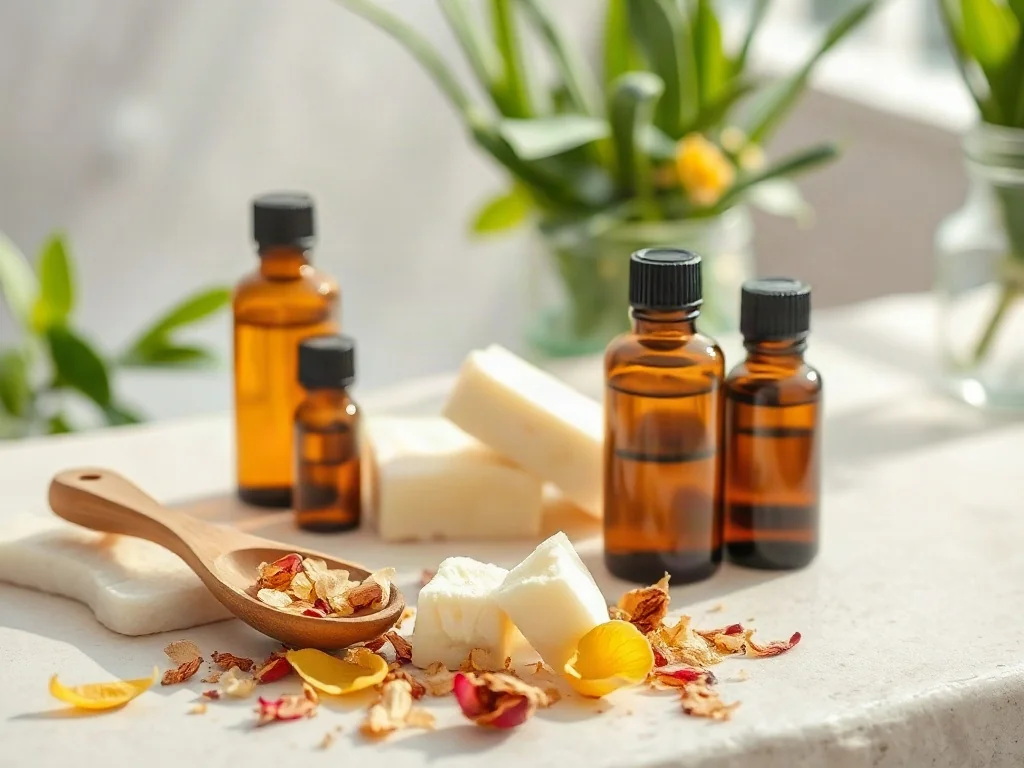 Naturalne składniki kosmetyczne, takie jak olejki i masło shea, przygotowane do tworzenia domowych produktów pielęgnacyjnych.