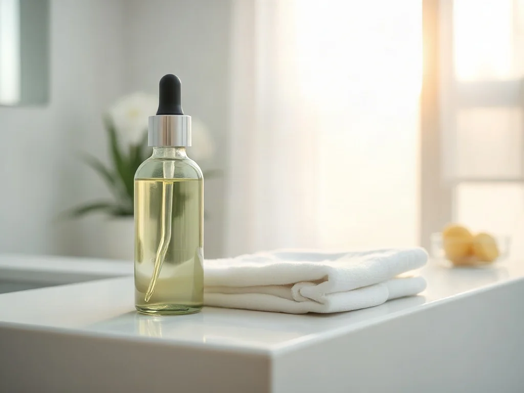 Szklana buteleczka z serum i miękki ręcznik na minimalistycznym blacie, podkreślające czystość i pielęgnację skóry.