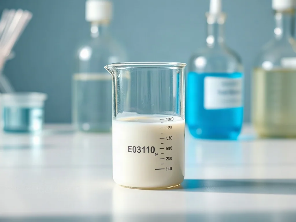 Biały krem kosmetyczny w szklanej zlewce laboratoryjnej na tle profesjonalnego sprzętu chemicznego.