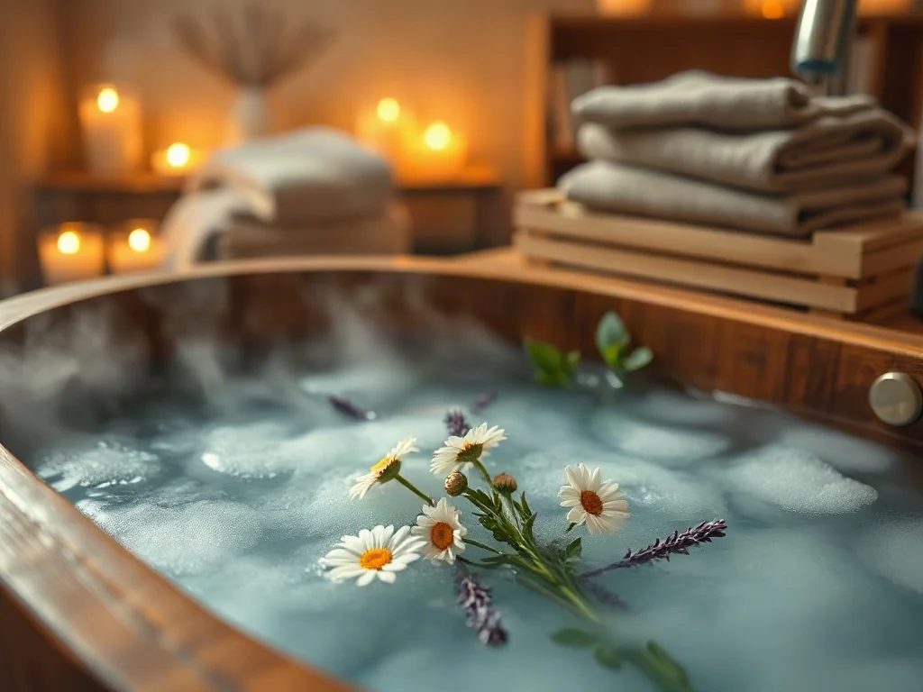 Drewniana wanna wypełniona parującą wodą z dodatkiem lawendy, rumianku i eukaliptusa, tworząca relaksującą atmosferę spa.