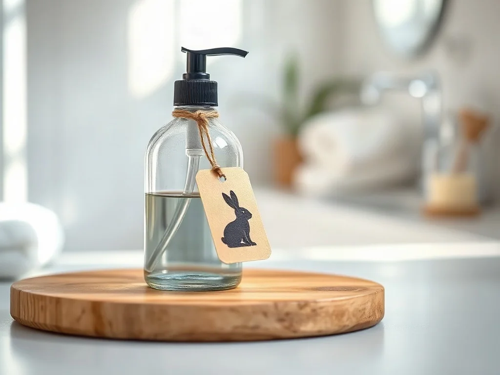 Szklana butelka kosmetyku z etykietą z symbolem króliczka, podkreślająca certyfikat cruelty-free w naturalnym otoczeniu.
