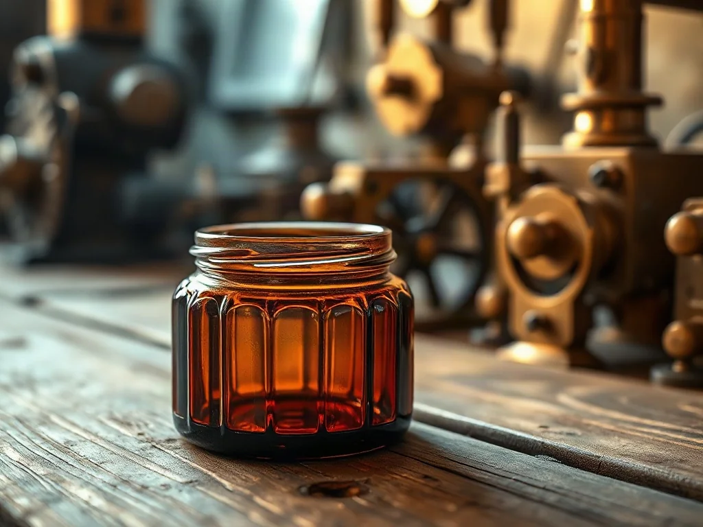 Zabytkowy szklany słoiczek na kosmetyki na tle przemysłowych kół zębatych, symbolizujący początki industrializacji w branży.