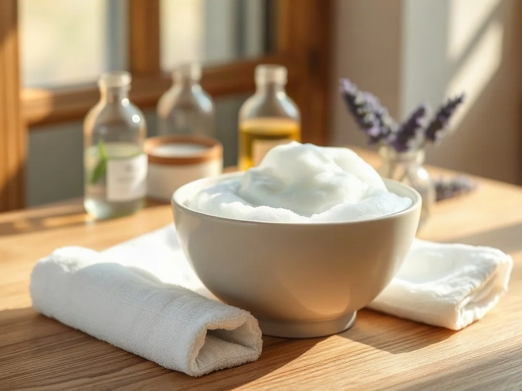 Ceramiczna miseczka z delikatną pianką oczyszczającą i czysty ręcznik na drewnianym stole w minimalistycznym stylu spa.