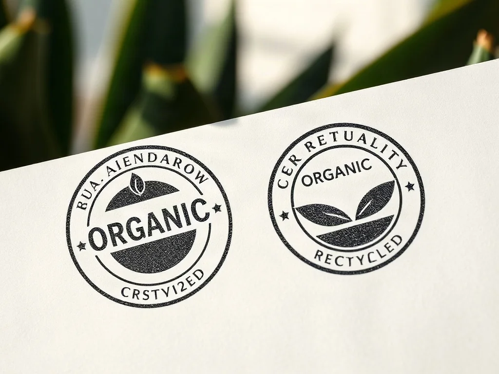 Dwa tłoczone certyfikaty ekologiczne na papierze z recyklingu w otoczeniu roślin, symbolizujące naturalny skład produktów.