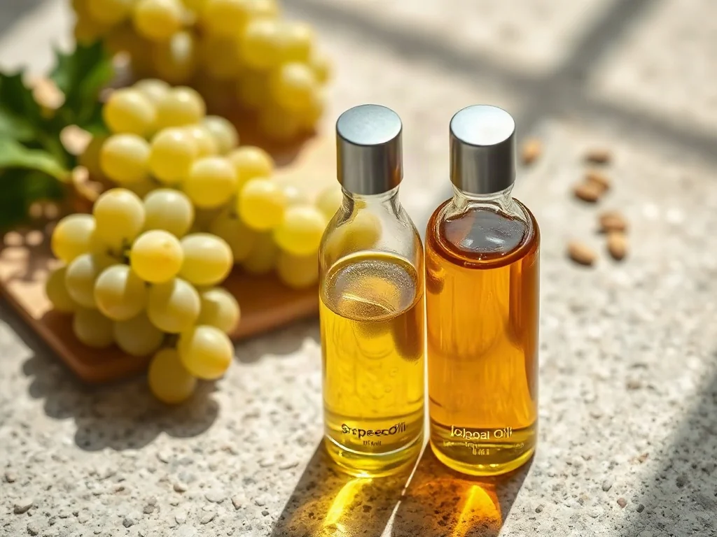 Dwie szklane buteleczki z olejem z pestek winogron i jojoba na kamiennym blacie, obok świeże winogrona i nasiona jojoby.