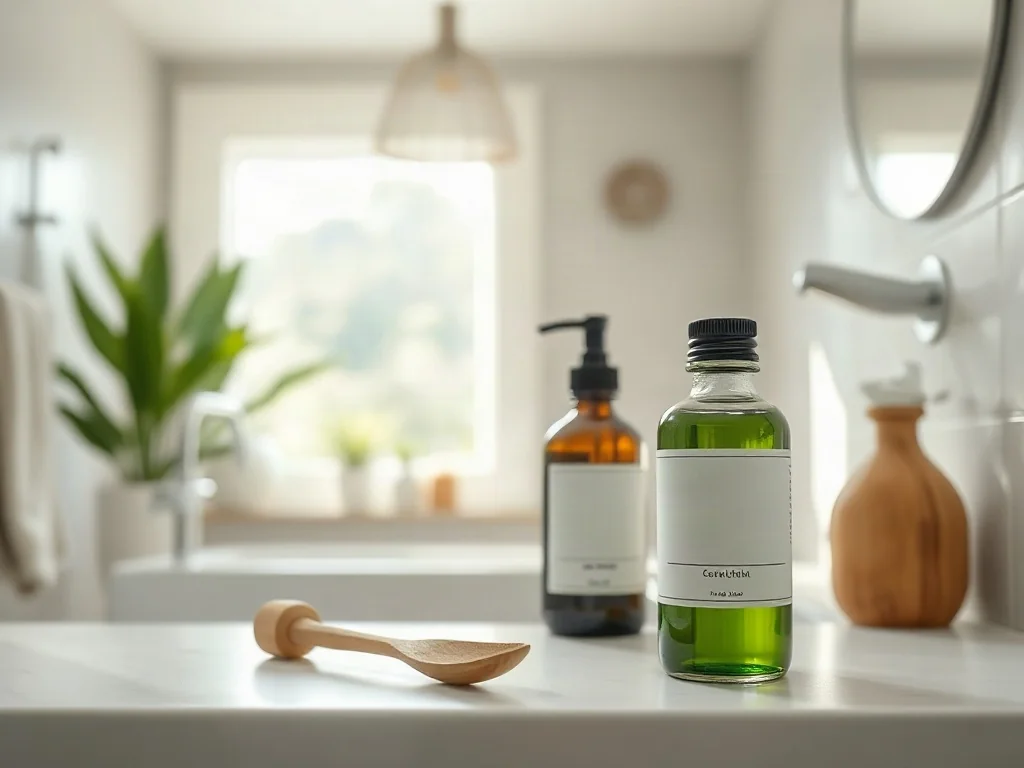 Minimalistyczne opakowania organicznych kosmetyków dla mężczyzn na półce w jasnej, nowoczesnej łazience.