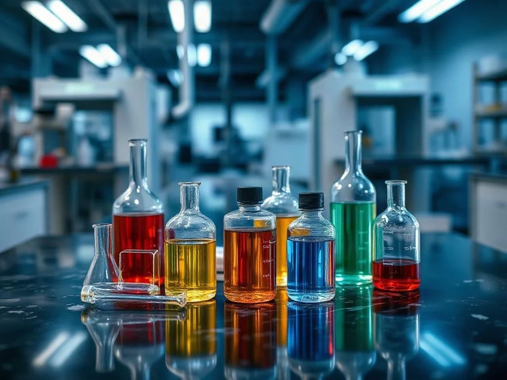 Profesjonalne szkło laboratoryjne z kolorowymi odczynnikami na marmurowym blacie w nowoczesnym laboratorium.