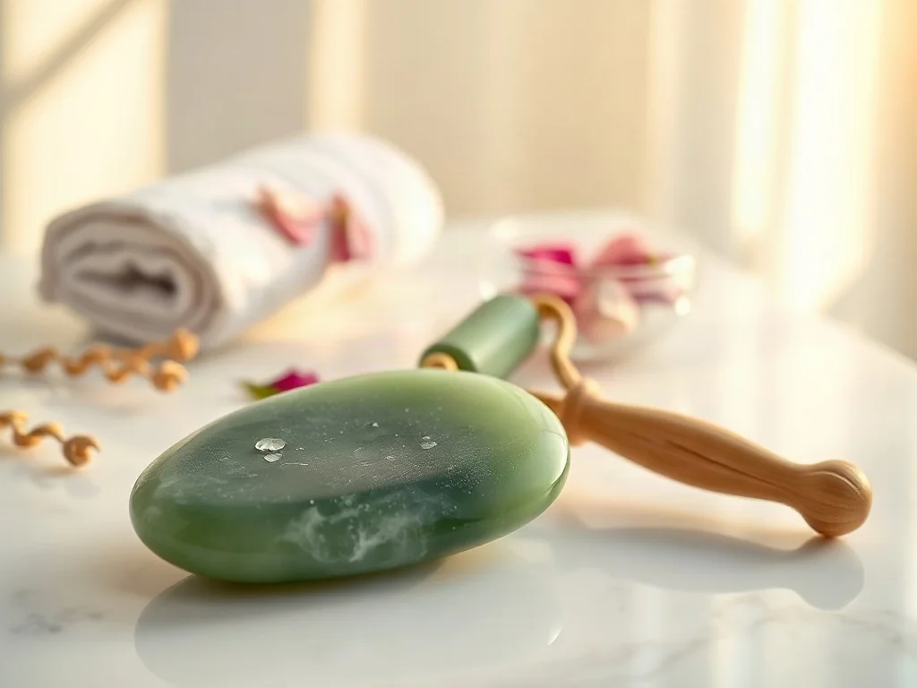 Jadeitowy masażer oraz płytka Gua sha na marmurowym blacie w minimalistycznym otoczeniu spa.