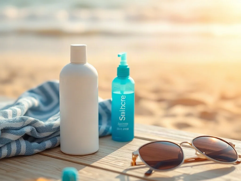 Biała butelka kremu i niebieski spray z filtrem przeciwsłonecznym na tle słonecznej plaży.