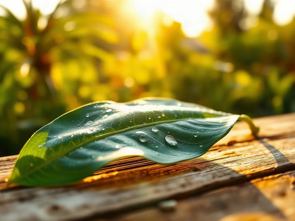 Zielony liść z kroplami rosy na drewnianym stole, symbolizujący naturalne pochodzenie produktów z certyfikatem Ecocert.