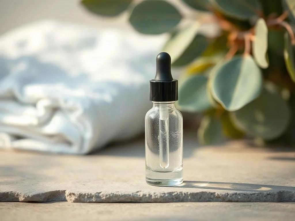Szklana buteleczka z serum na kamiennej powierzchni w otoczeniu eukaliptusa, podkreślająca kojącą pielęgnację skóry.