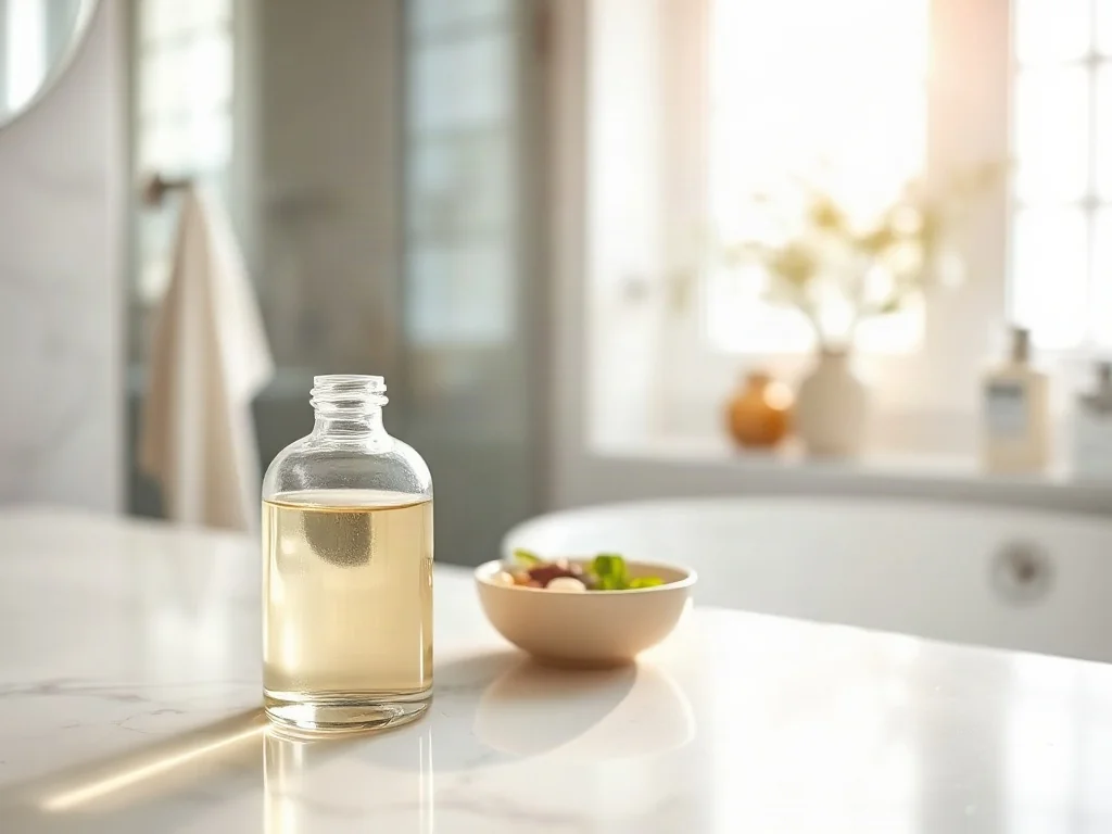 Szklana butelka serum i naturalne składniki roślinne na marmurowym blacie, podkreślające koncepcję pielęgnacji skóry.