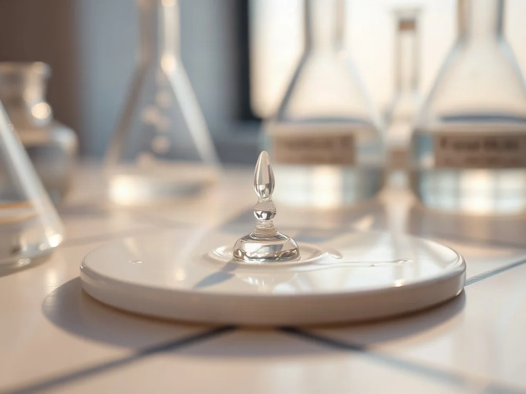 Kropla przezroczystego serum kosmetycznego na białej powierzchni w profesjonalnym, laboratoryjnym otoczeniu.