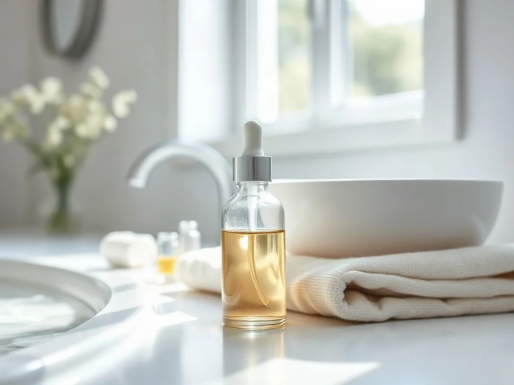 Minimalistyczny zestaw do pielęgnacji twarzy z serum, miseczką wody i lnianym ręcznikiem w jasnej, spokojnej łazience.